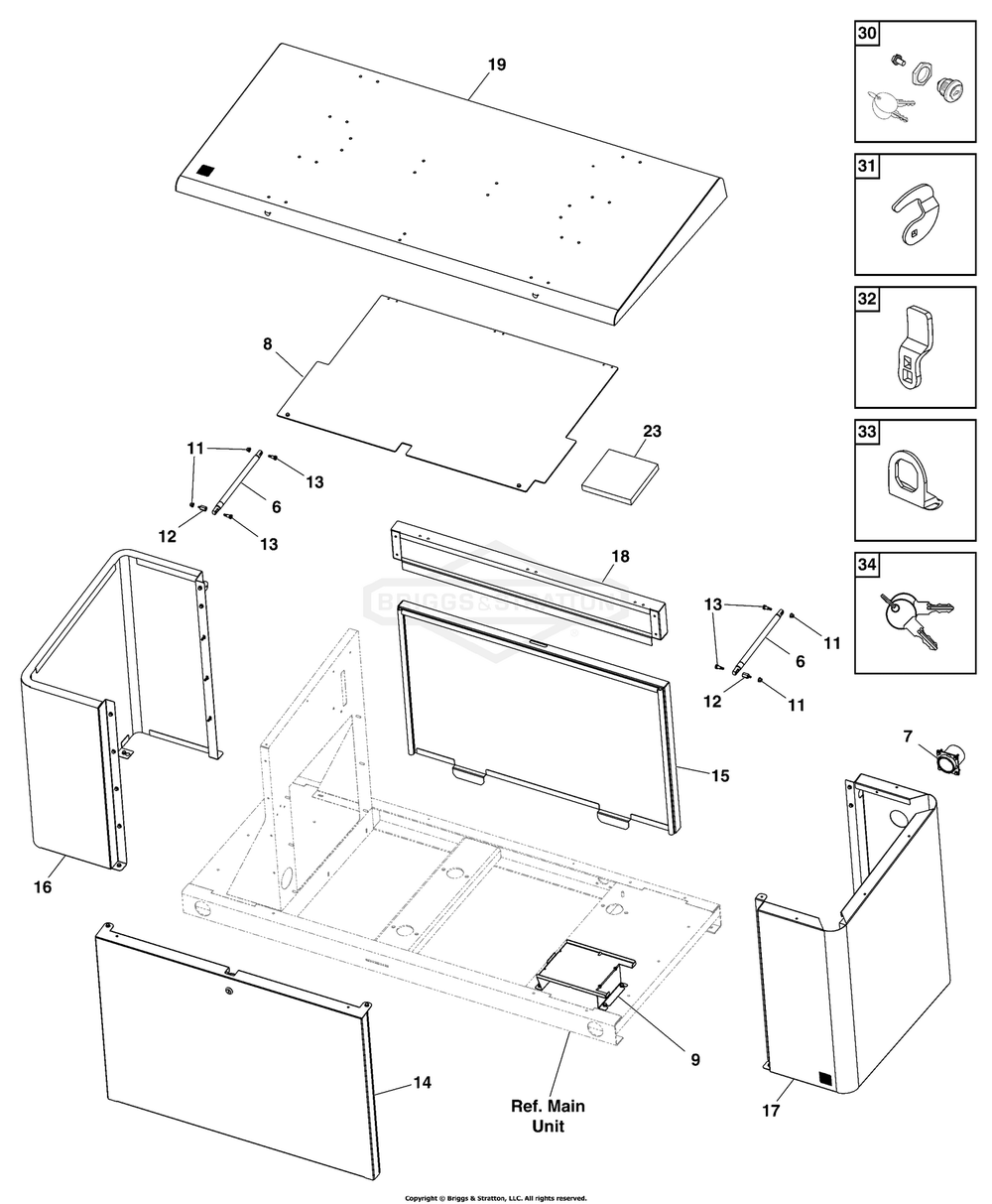 Enclosure Group Diagram and Parts List for 076180-04  Briggs and Stratton Generator